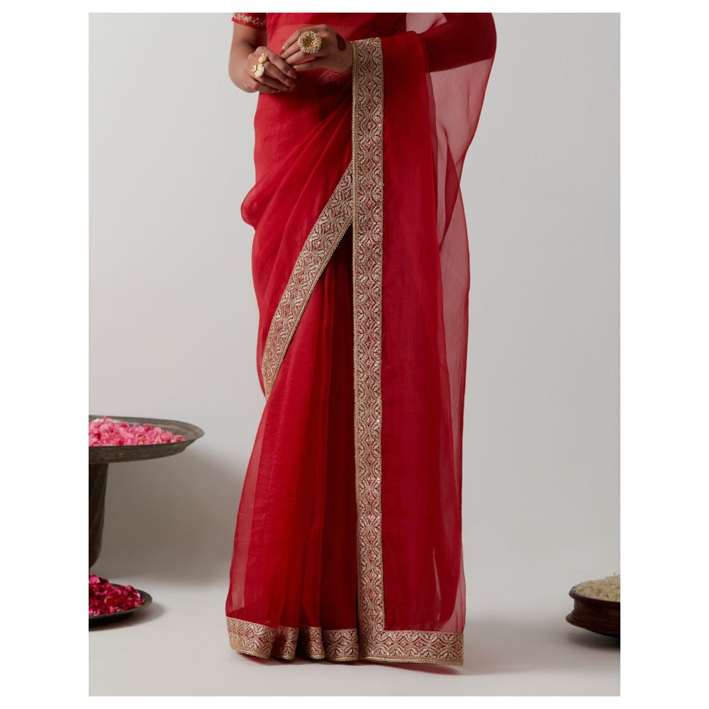 Vinusto Red Katan Organza Silk Hand-Embroidered Saree with Stitched Blouse
