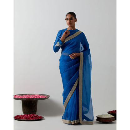 Vinusto Cobalt Blue Katan Organza Silk Saree with Stitched Blouse