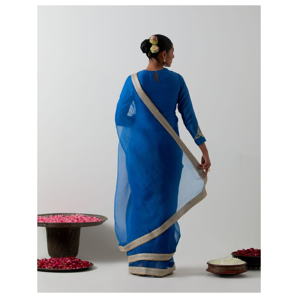Vinusto Cobalt Blue Katan Organza Silk Saree with Stitched Blouse