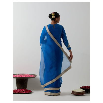 Vinusto Cobalt Blue Katan Organza Silk Saree with Stitched Blouse