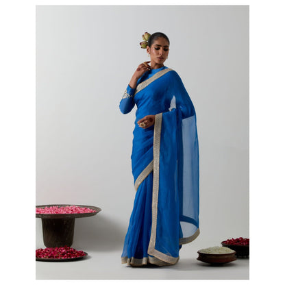 Vinusto Cobalt Blue Katan Organza Silk Saree with Stitched Blouse