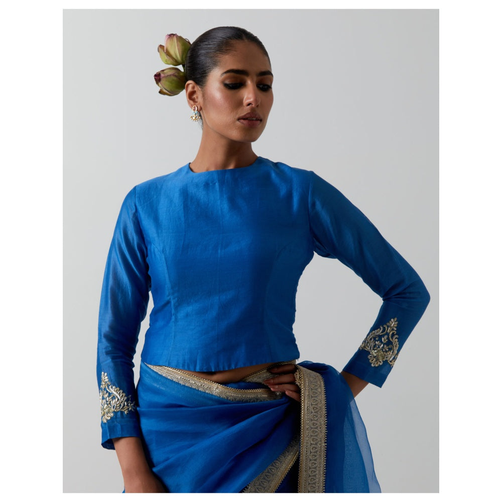 Vinusto Cobalt Blue Katan Organza Silk Saree with Stitched Blouse