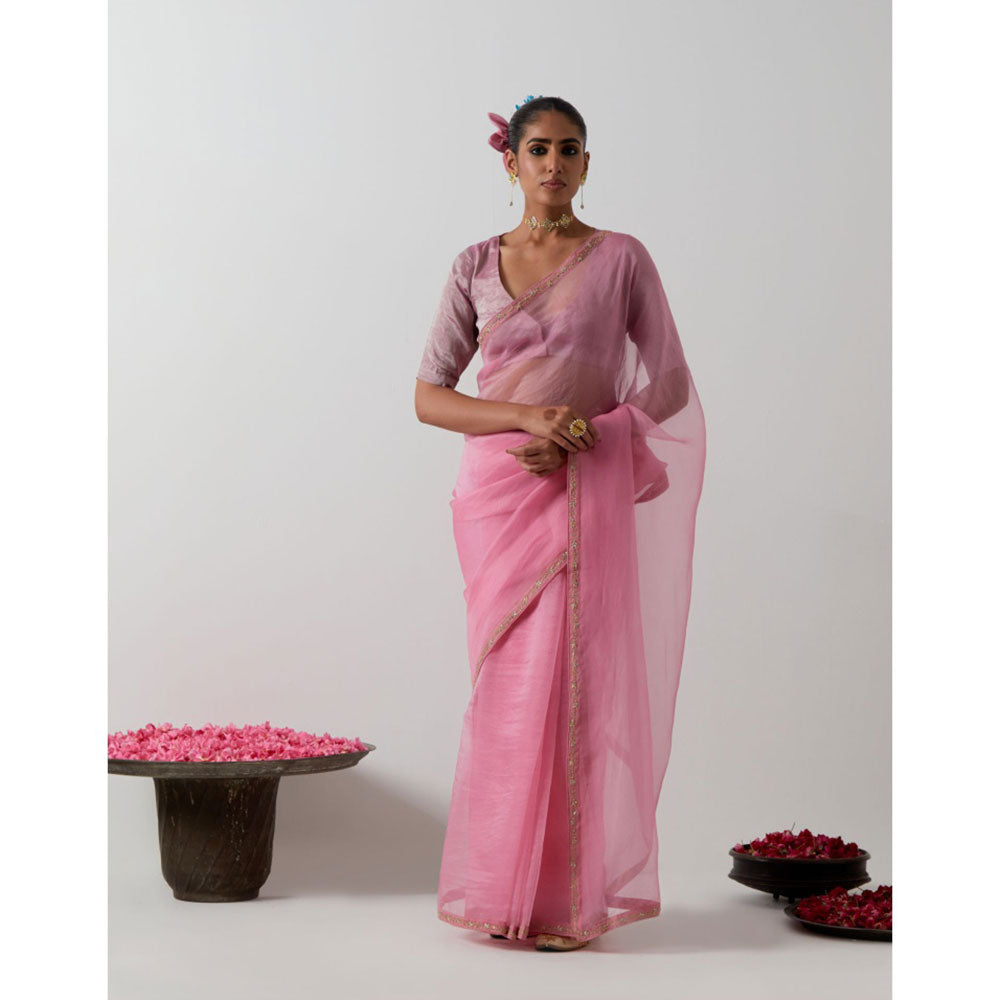 Vinusto Embroidered Pink Katan Organza Saree with Stitched Blouse