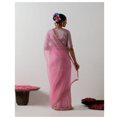 Vinusto Embroidered Pink Katan Organza Saree with Stitched Blouse