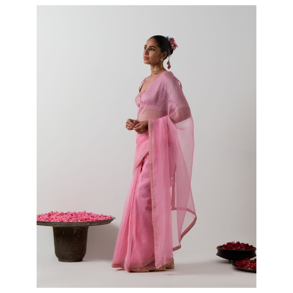 Vinusto Embroidered Pink Katan Organza Saree with Stitched Blouse