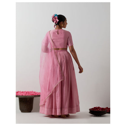 Vinusto Light Pink Handcrafted Chanderi Blouse with Lehenga & Katan Silk Dupatta