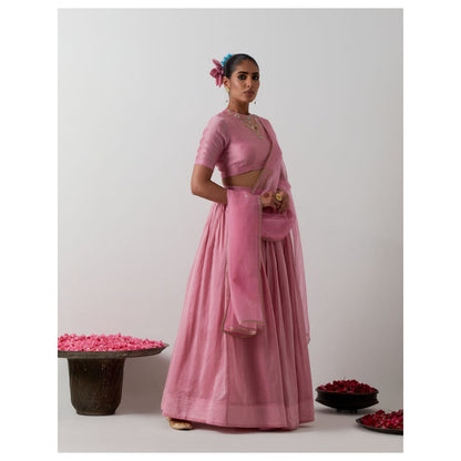 Vinusto Light Pink Handcrafted Chanderi Blouse with Lehenga & Katan Silk Dupatta