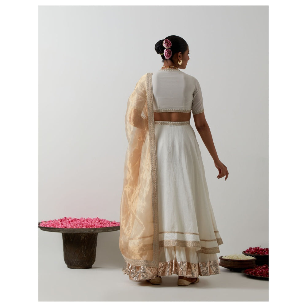 Vinusto Ivory Embroidered Choli Blouse with Lehenga & Gold Tissue Dupatta