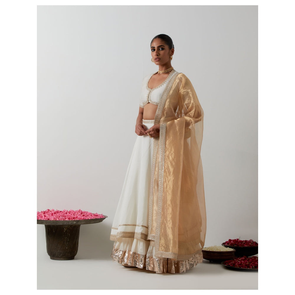 Vinusto Ivory Embroidered Choli Blouse with Lehenga & Gold Tissue Dupatta