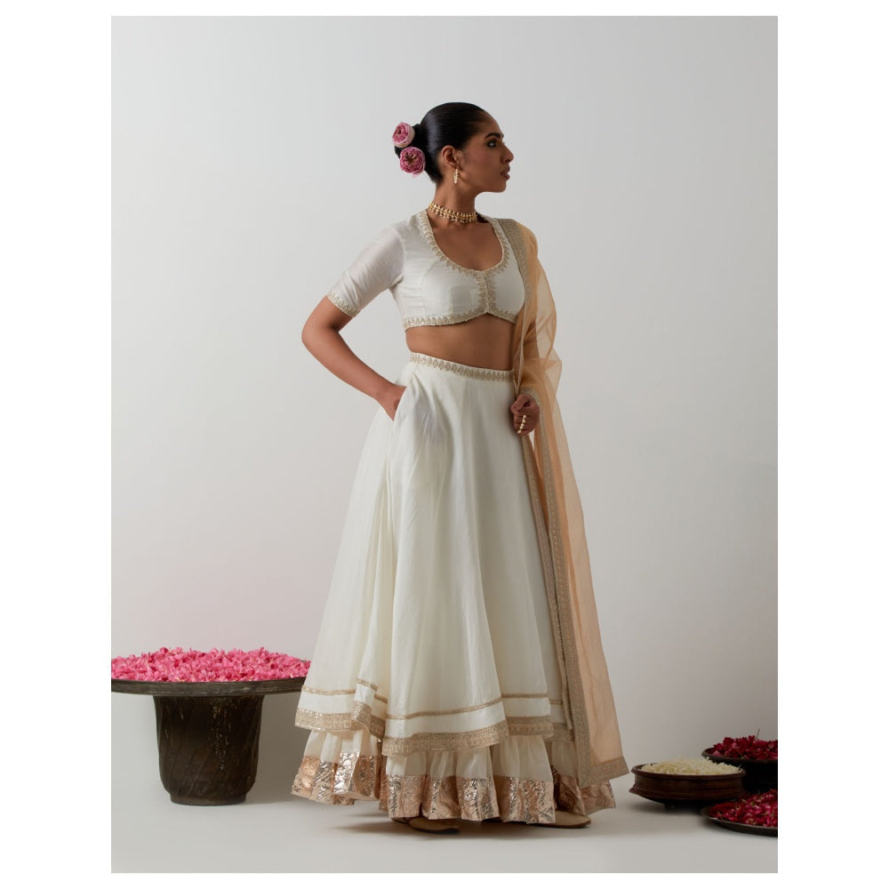 Vinusto Ivory Embroidered Choli Blouse with Lehenga & Gold Tissue Dupatta