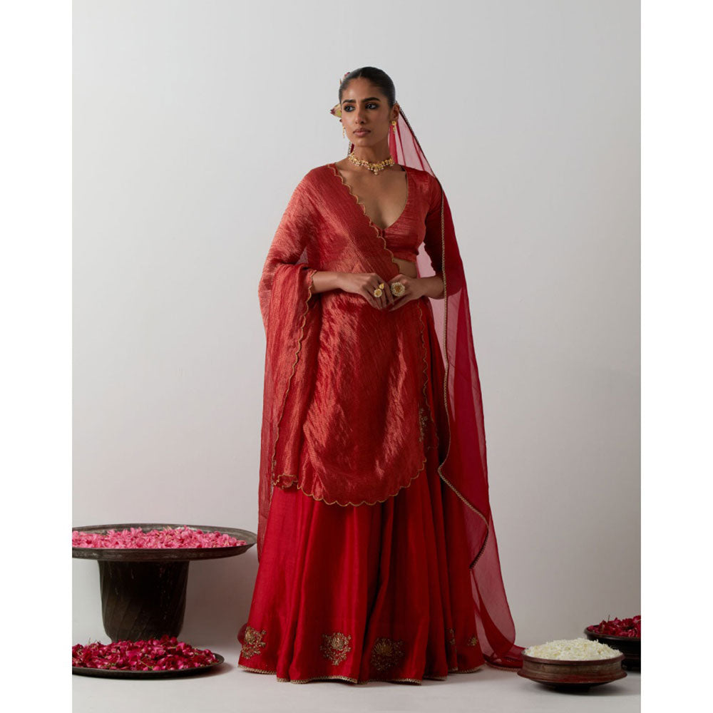 Vinusto Red Embroidered Chanderi Lehenga with Blouse and Dupatta