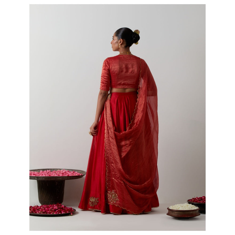 Vinusto Red Embroidered Chanderi Lehenga with Blouse and Dupatta