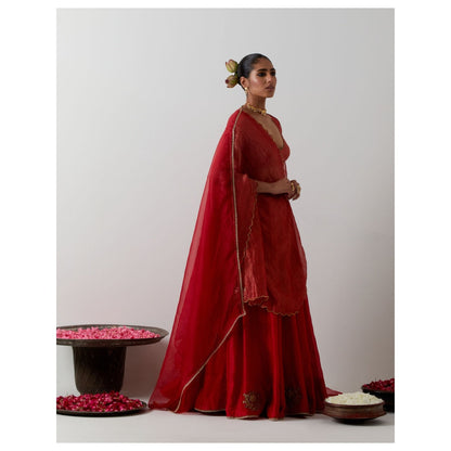 Vinusto Red Embroidered Chanderi Lehenga with Blouse and Dupatta