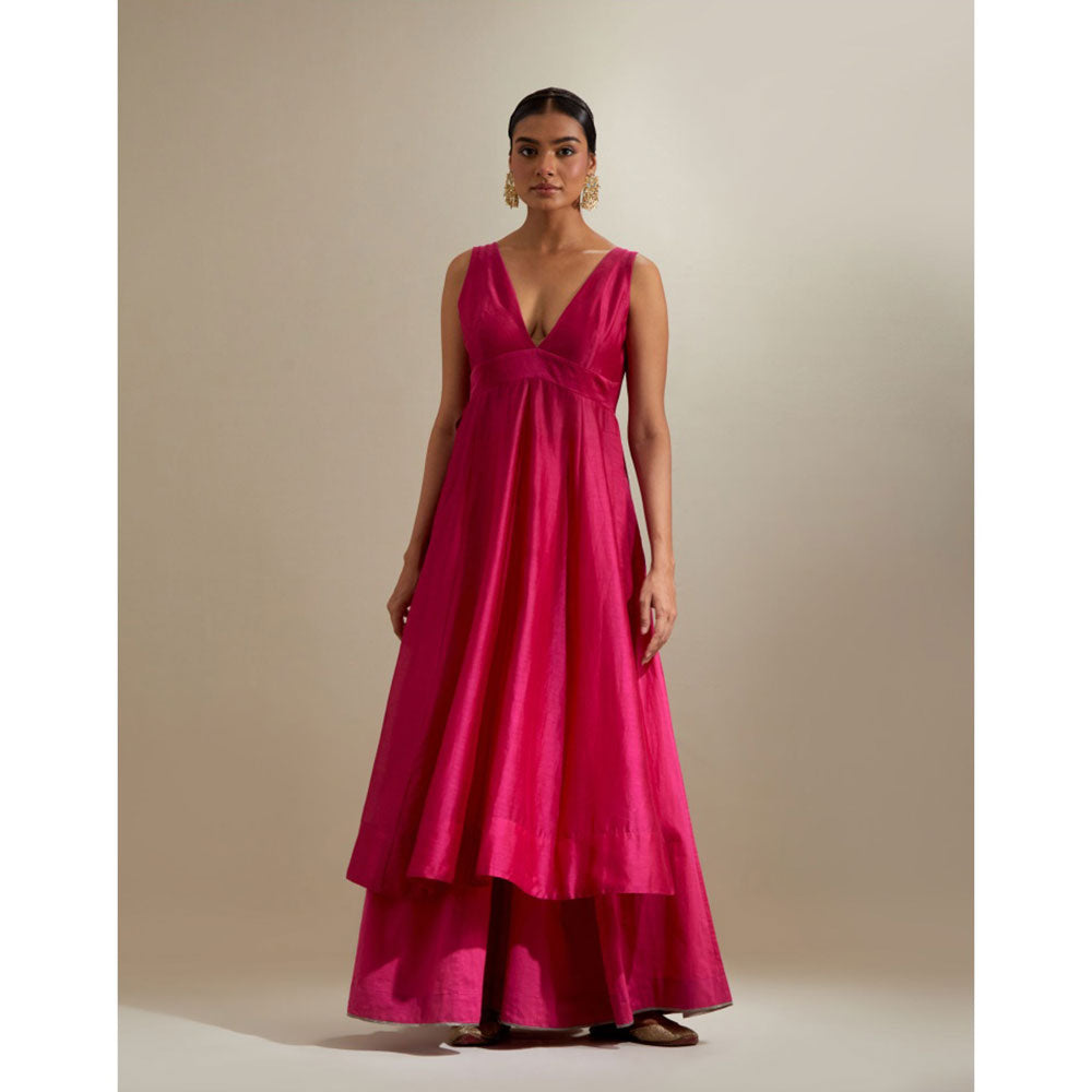 Vinusto Hot Pink Plunge Neck Stylise Chanderi Kurta with Cotton Palazzo