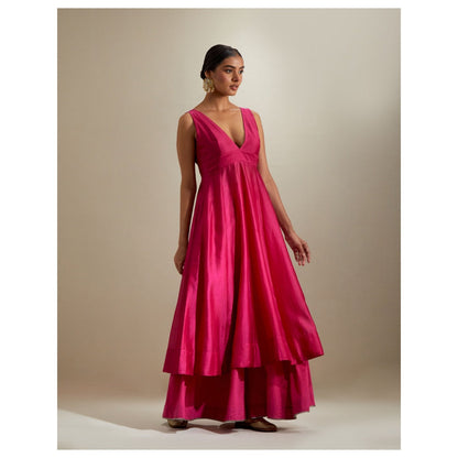Vinusto Hot Pink Plunge Neck Stylise Chanderi Kurta with Cotton Palazzo