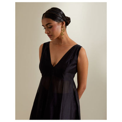 Vinusto Black Plunge Neck Stylise Chanderi Kurta with Cotton Palazzo