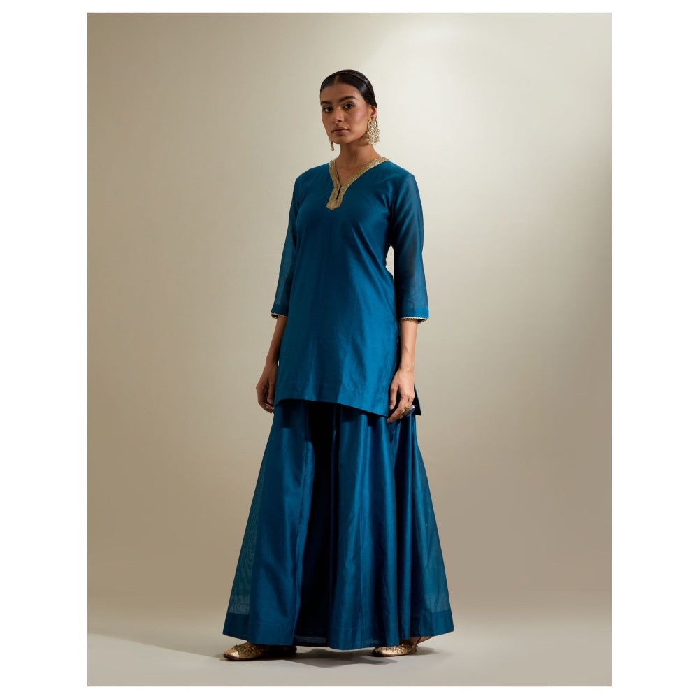 Vinusto Blue Chanderi V Neck Kurti and Sharara & Mint Gota Dupatta