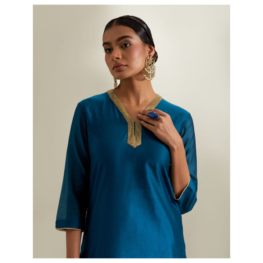 Vinusto Blue Chanderi V Neck Kurti and Sharara & Mint Gota Dupatta