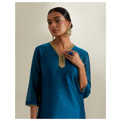 Vinusto Blue Chanderi V Neck Kurti and Sharara & Mint Gota Dupatta