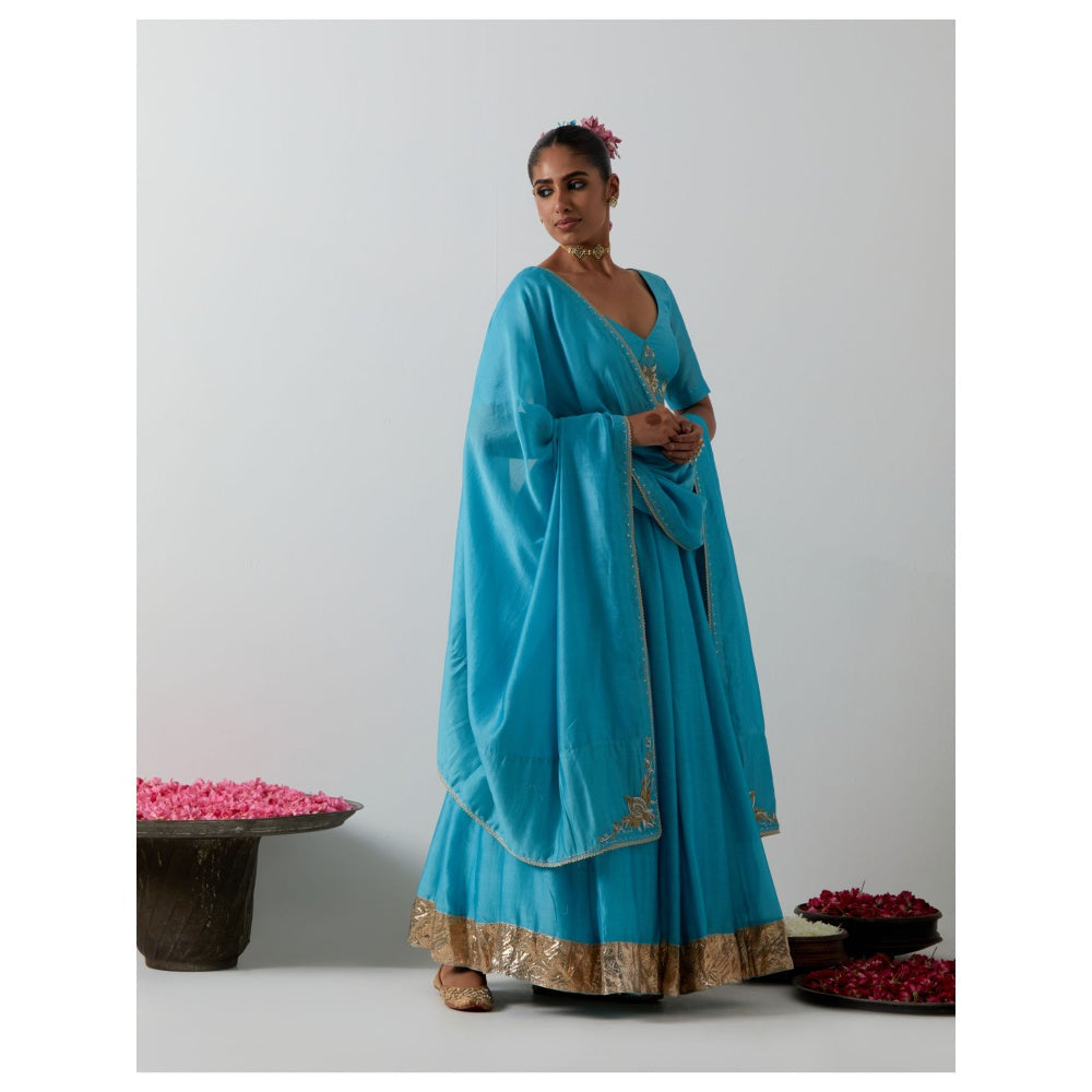 Vinusto Light Blue Chanderi Embroidered Corset Blouse with Lehenga & Dupatta