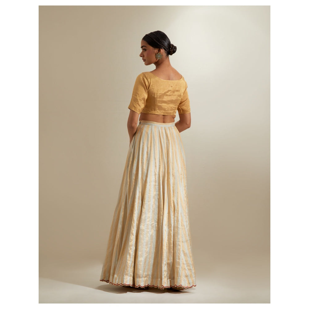 Vinusto Silver- Gold Zari Stripe Lehenga with Blouse & Red Dupatta