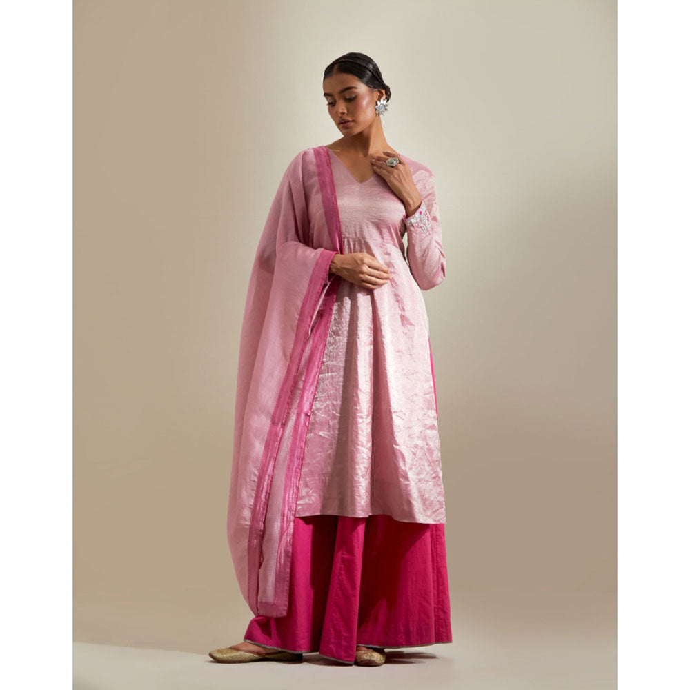 Vinusto Pink Zari Anarkali with Flared Cotton Palazzo & Chanderi Dupatta