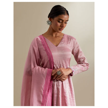 Vinusto Pink Zari Anarkali with Flared Cotton Palazzo & Chanderi Dupatta