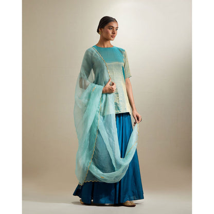 Vinusto Aqua Gold Short Kurta with Sharara and Organza Dupatta