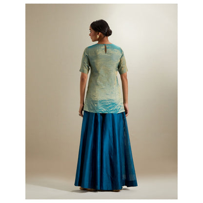 Vinusto Aqua Gold Short Kurta with Sharara and Organza Dupatta
