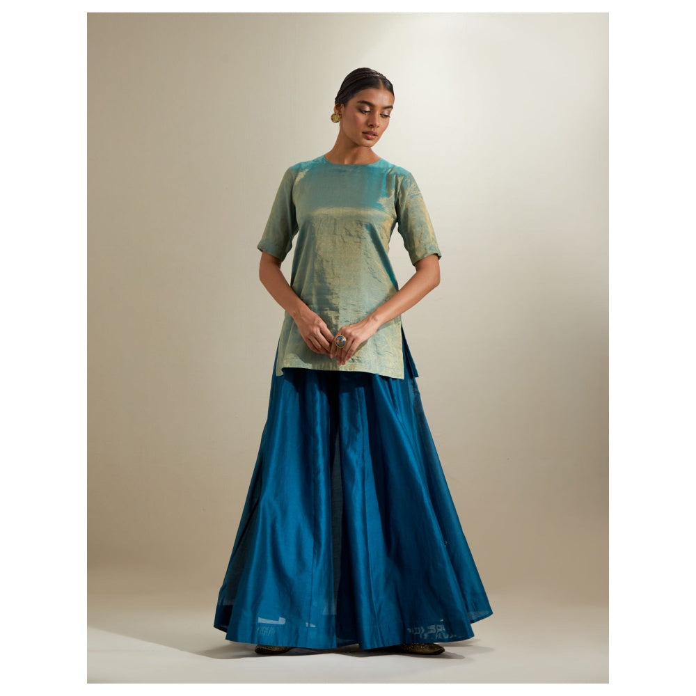 Vinusto Aqua Gold Short Kurta with Sharara and Organza Dupatta