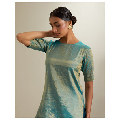 Vinusto Aqua Gold Short Kurta with Sharara and Organza Dupatta