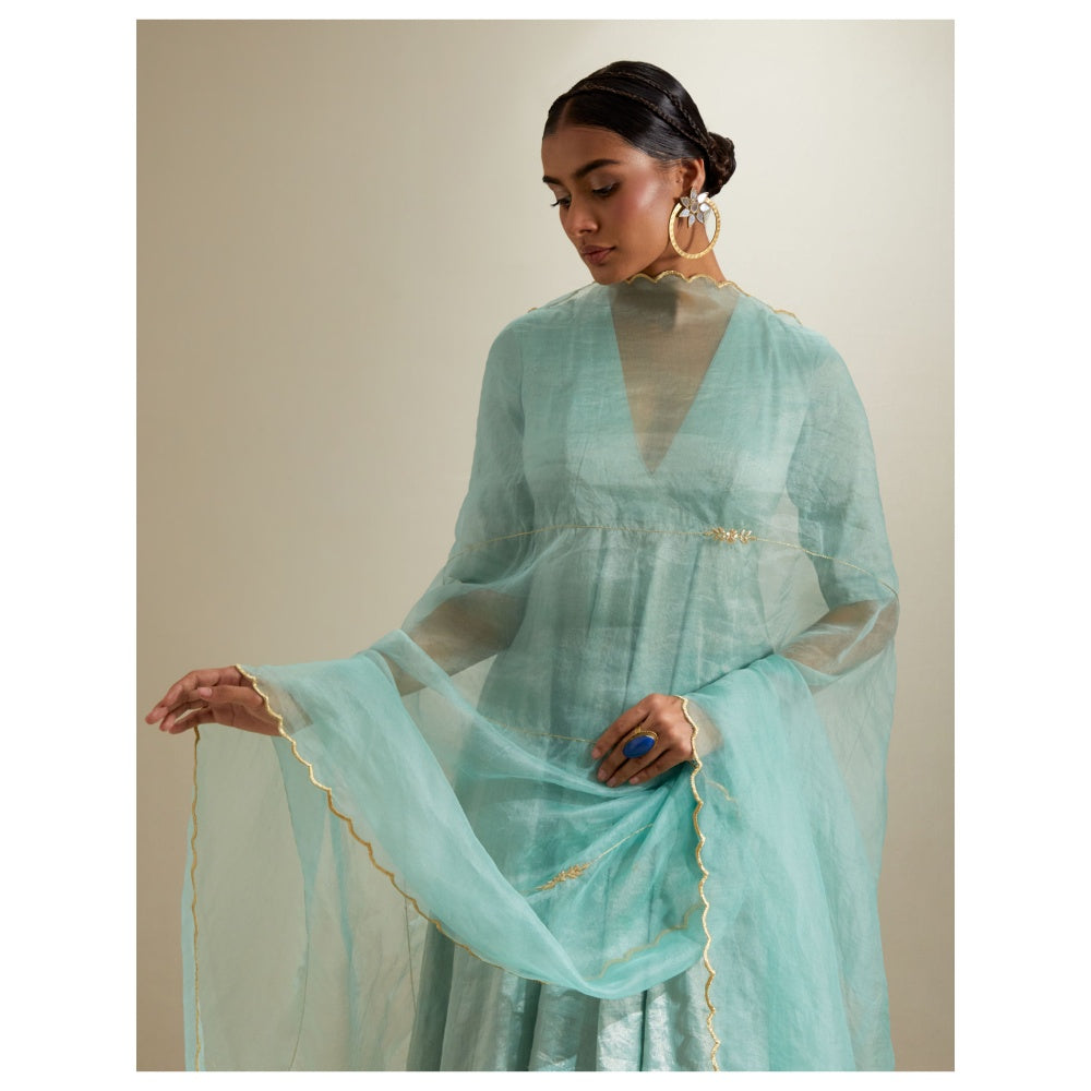 Vinusto Mint Zari Anarkali with Chanderi Flared Palazzo & Dupatta
