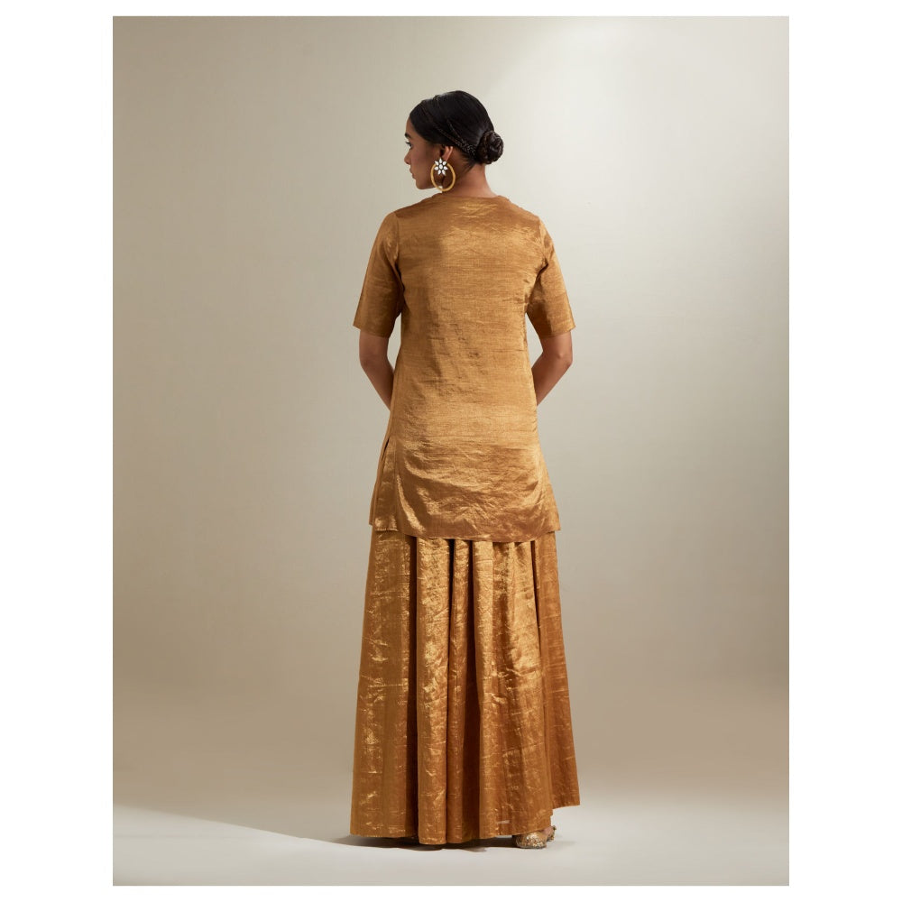 Vinusto Gold Zari Short Kurta with Sharara & Embroidered Dupatta