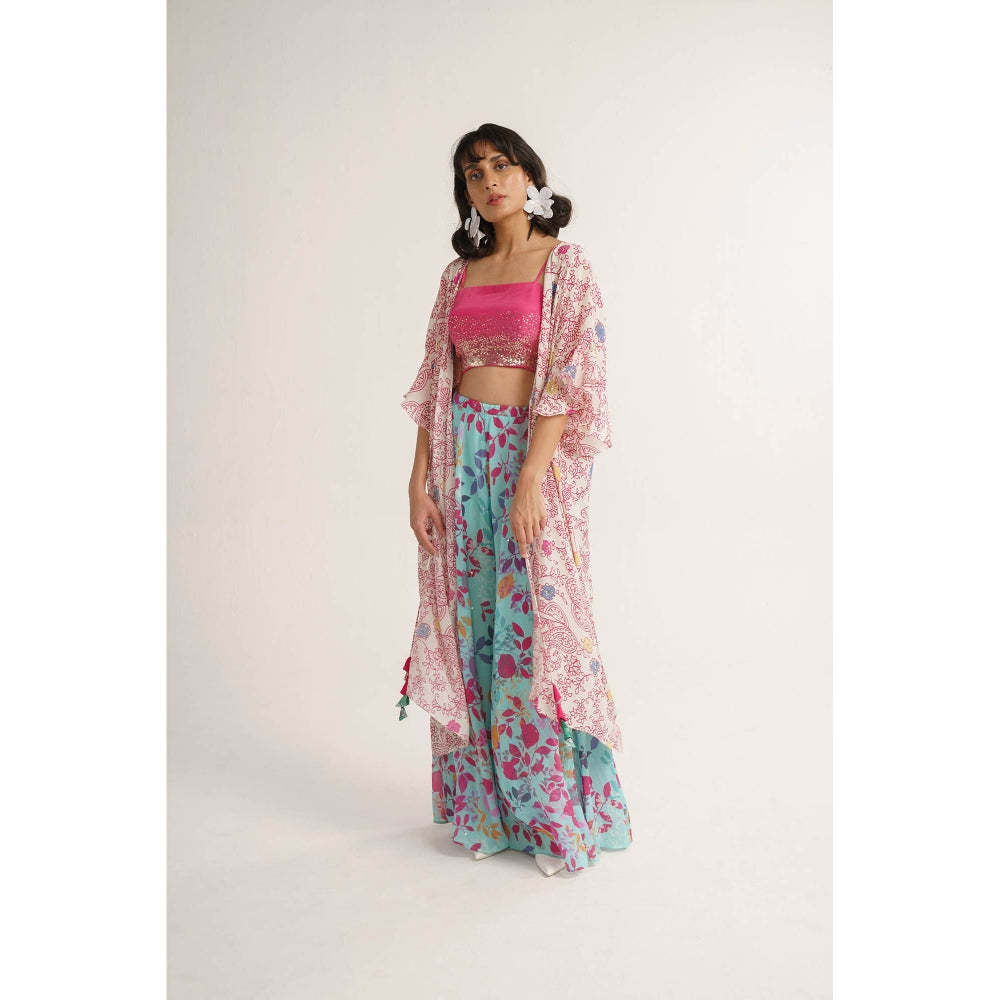 Vishala Shree Pink Carnation Crop Top with Pant and Cape (Set of 3)