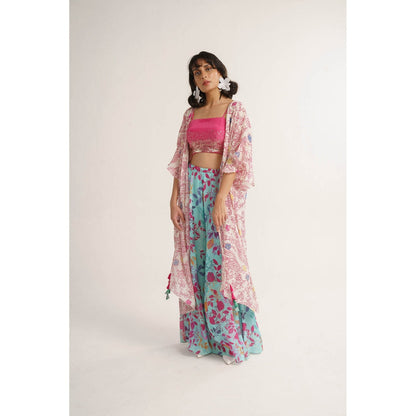 Vishala Shree Pink Carnation Crop Top with Pant and Cape (Set of 3)
