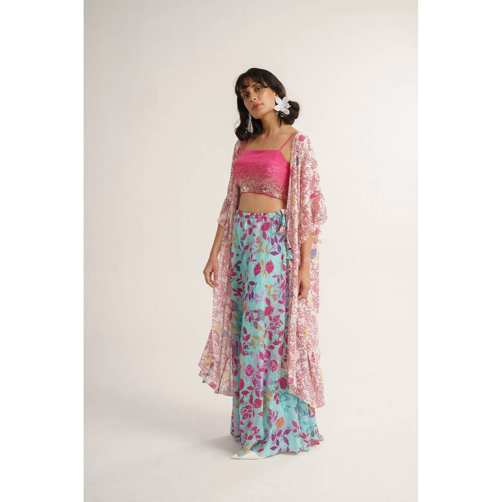 Vishala Shree Pink Carnation Crop Top with Pant and Cape (Set of 3)