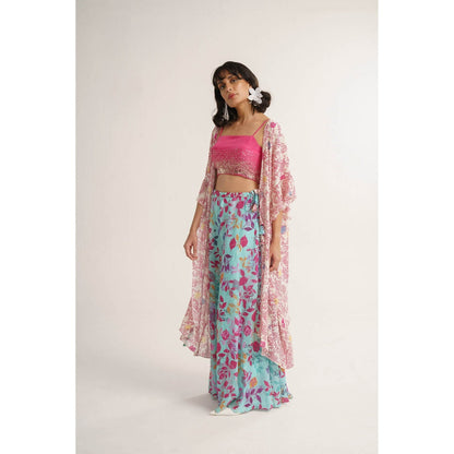 Vishala Shree Pink Carnation Crop Top with Pant and Cape (Set of 3)