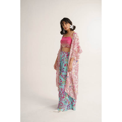 Vishala Shree Pink Carnation Crop Top with Pant and Cape (Set of 3)