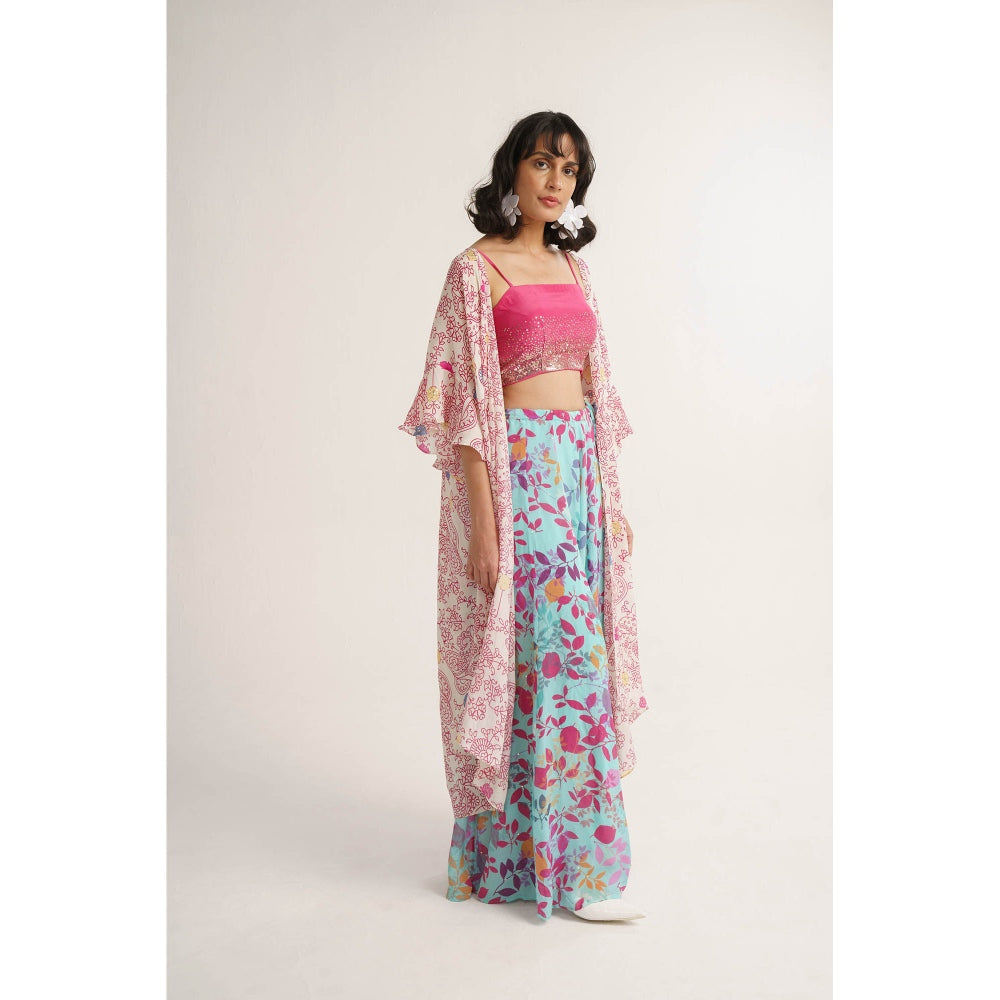 Vishala Shree Pink Carnation Crop Top with Pant and Cape (Set of 3)
