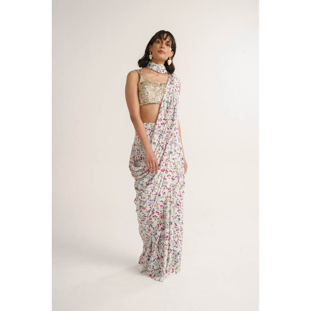 Vishala Shree White Magnolia Pre-Draped Saree with Stitched Blouse