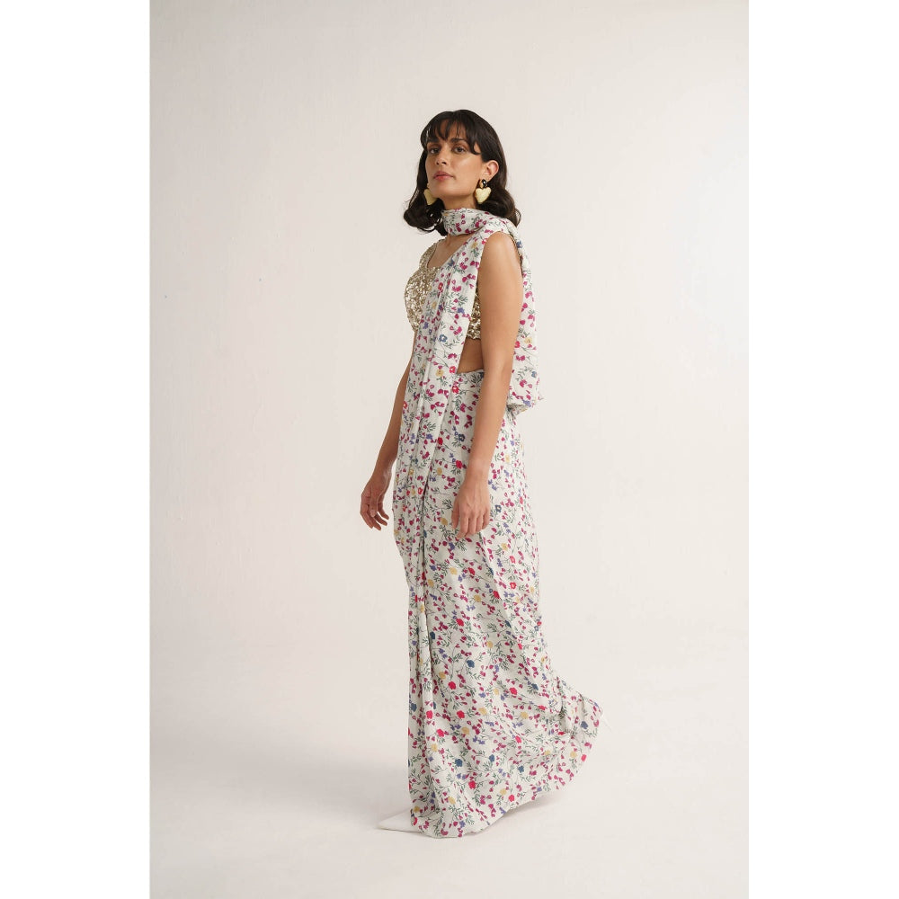 Vishala Shree White Magnolia Pre-Draped Saree with Stitched Blouse