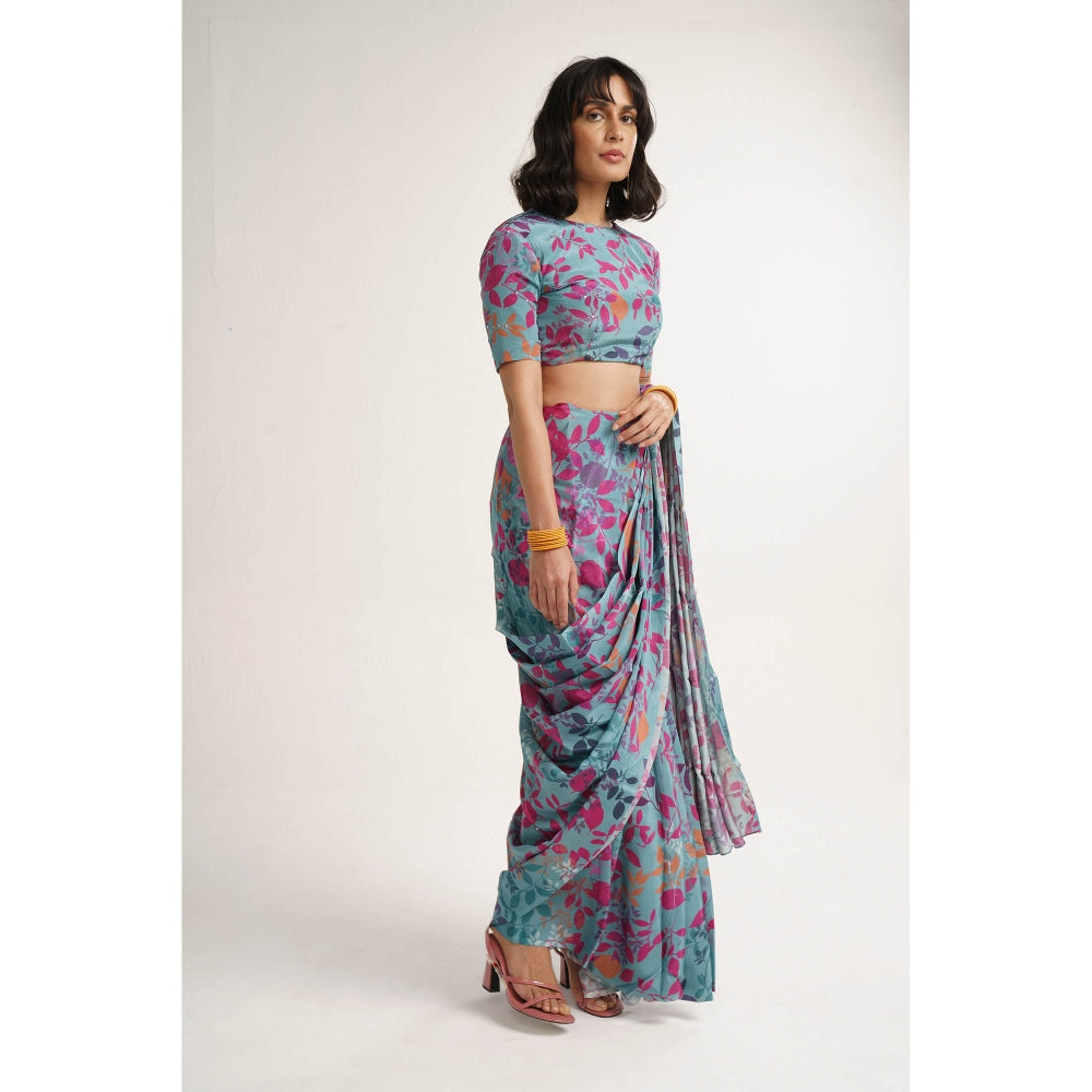 Vishala Shree Blue Hydrangea Saree with Stitched Blouse