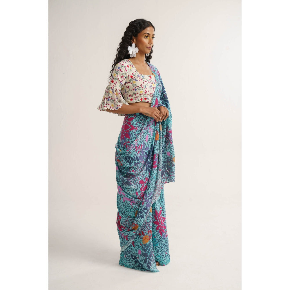 Vishala Shree Blue Lupine Pre-Draped Saree with Stitched Blouse