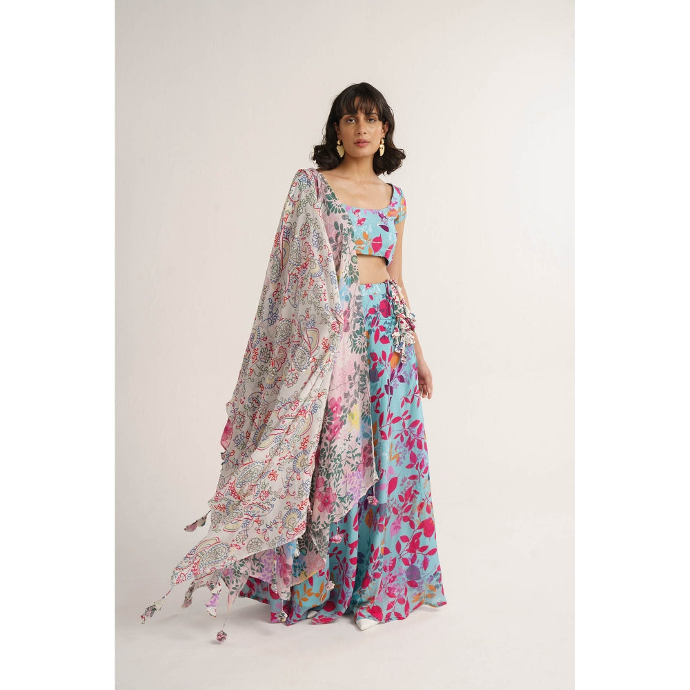 Vishala Shree Blue Geranium Lehenga with Blouse and Dupatta (Set of 3)