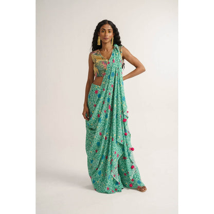 Vishala Shree Green Hellebores Saree with Stitched Blouse