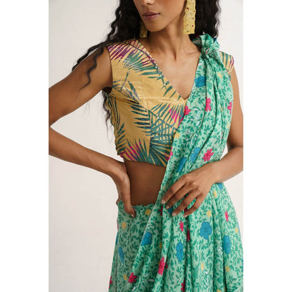 Vishala Shree Green Hellebores Saree with Stitched Blouse