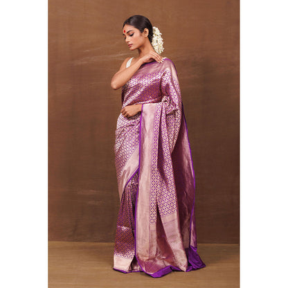 VISHWA Purple Banarsi Brocade Saree with Unstitched Blouse