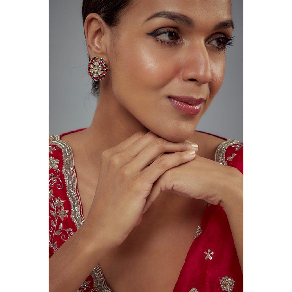 VIVINIA By Vidhi Mehra Burgundy Gold Plated Pink And Green Kundan Polki Womens Studs Earrings