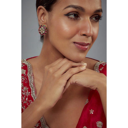 VIVINIA By Vidhi Mehra Burgundy Gold Plated Pink And Green Kundan Polki Womens Studs Earrings