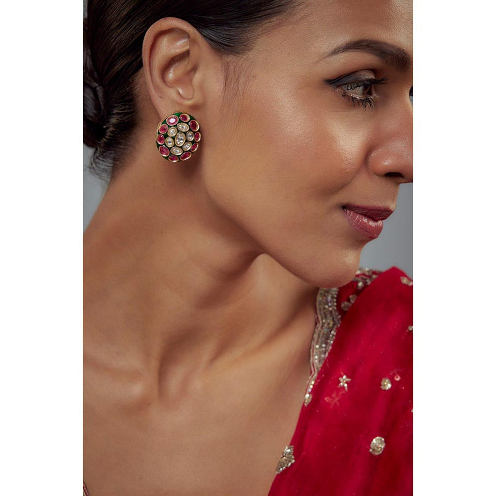 VIVINIA By Vidhi Mehra Burgundy Gold Plated Pink And Green Kundan Polki Womens Studs Earrings
